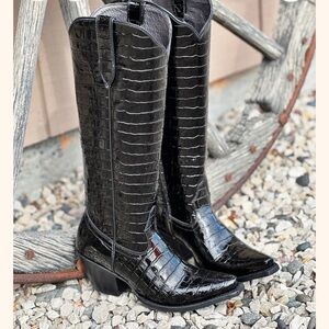 Matisse Glossy Black Croc-Embossed Heeled Boots